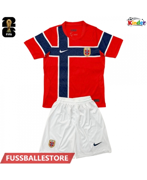 Günstige Norwegen Heimtrikotsatz Kinder WM 2026 Kurzarm (+ Kurze Hosen)